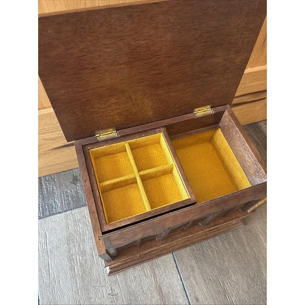 Vintage Mele Wood Jewelry Box Two Drawer Top Opens Orange Velvet Lining